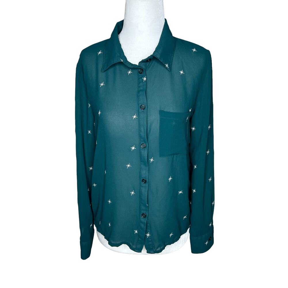 Honey Punch Button Front Sheer Star Embroidered Top Green Small